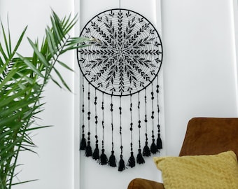 Black dreamcatcher, Handmade wall hanging, Large crochet mandala, Black macrame wall decor, Housewarming gift, 9 colors available