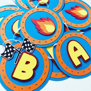 Racing car birthday banner, personalised bunting, cars, race track, racing cars, birthday decoration, boys birthday, flames, fire, hot, toy