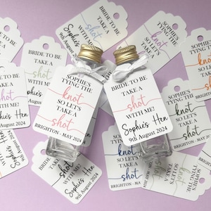 Personalised Hen Party shot tag, tying the knot, Hen Do, Bride to be, bridesmaid, maid of honour, wedding, accessories, gift, favour, shot