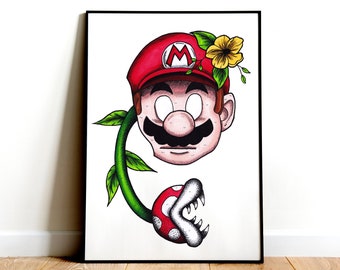 Mario x Piranha Plant Art Print A4 & A5 size illustration // Mario Wall Art