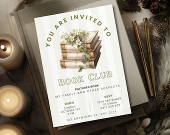 Plantilla de invitación para club de lectura, invitación digital para fiesta de libros con flores blancas, imprimible de lectura, invitación editable para reunión de lectura, volante para grupo de lectura