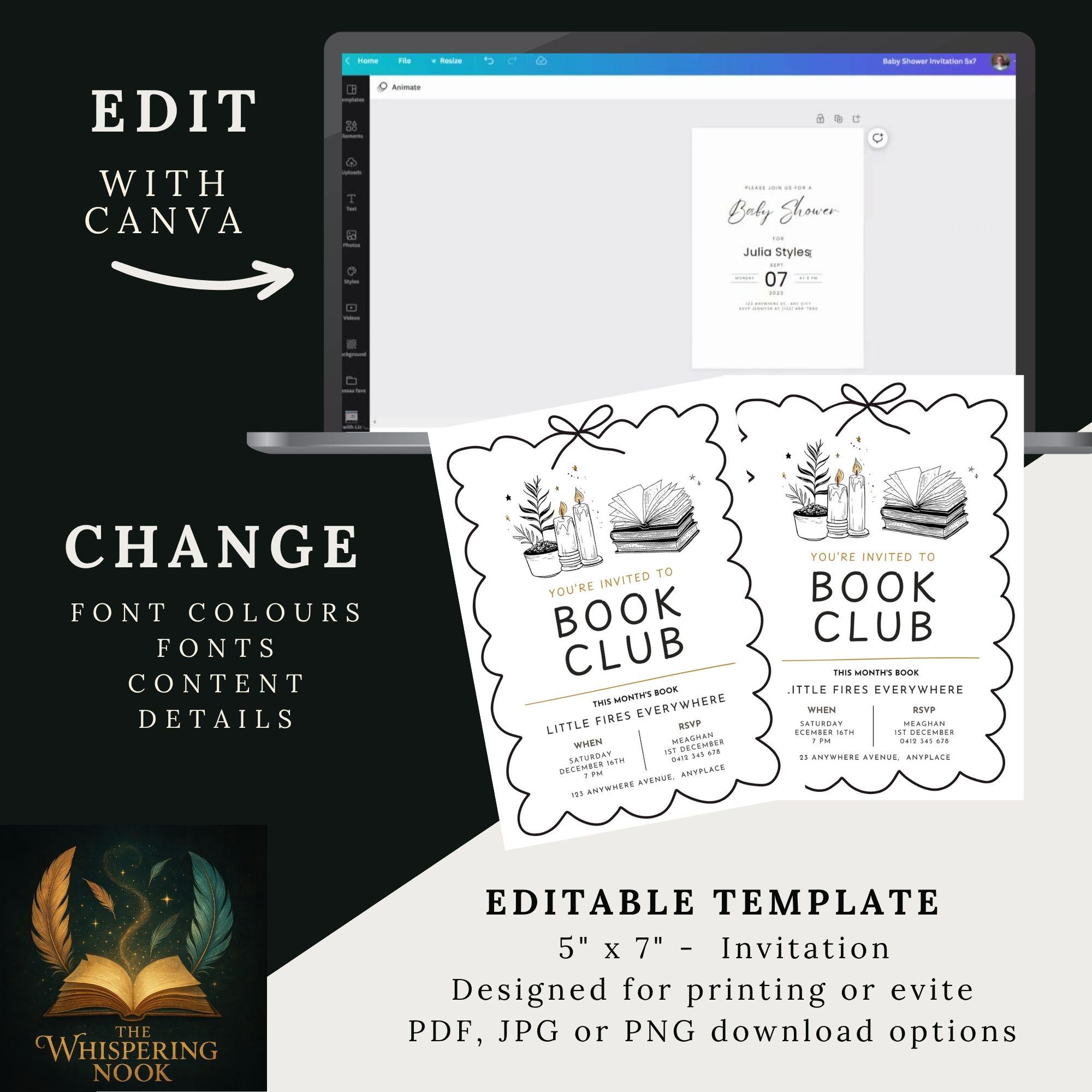 Reading Event Invite Book Club Invitation, Printable Doodle Book Lover Invite, Cozy Reading ...