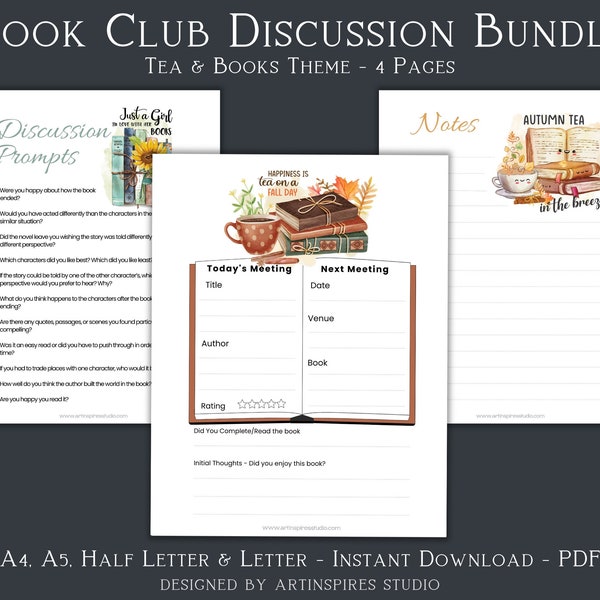 Tea Book Club Planner, Book Club Discussion, Book Review, Reading Planner, Book Club Review, Book Club Printables Kit, Book Club Prompts