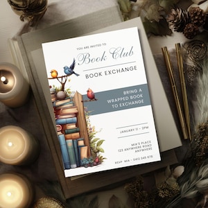 Book Swap Invite Template, CANVA, Holiday Book Exchange, Editable Book Club Invitation, Digital Party Evite, Bird Reading Group Flyer