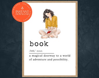 Book Definition Print, Library Poster Printable, Book Club Art, Book Definition Art, Reading Room Art, Printable Book Art, INSTANT DOWNLOAD