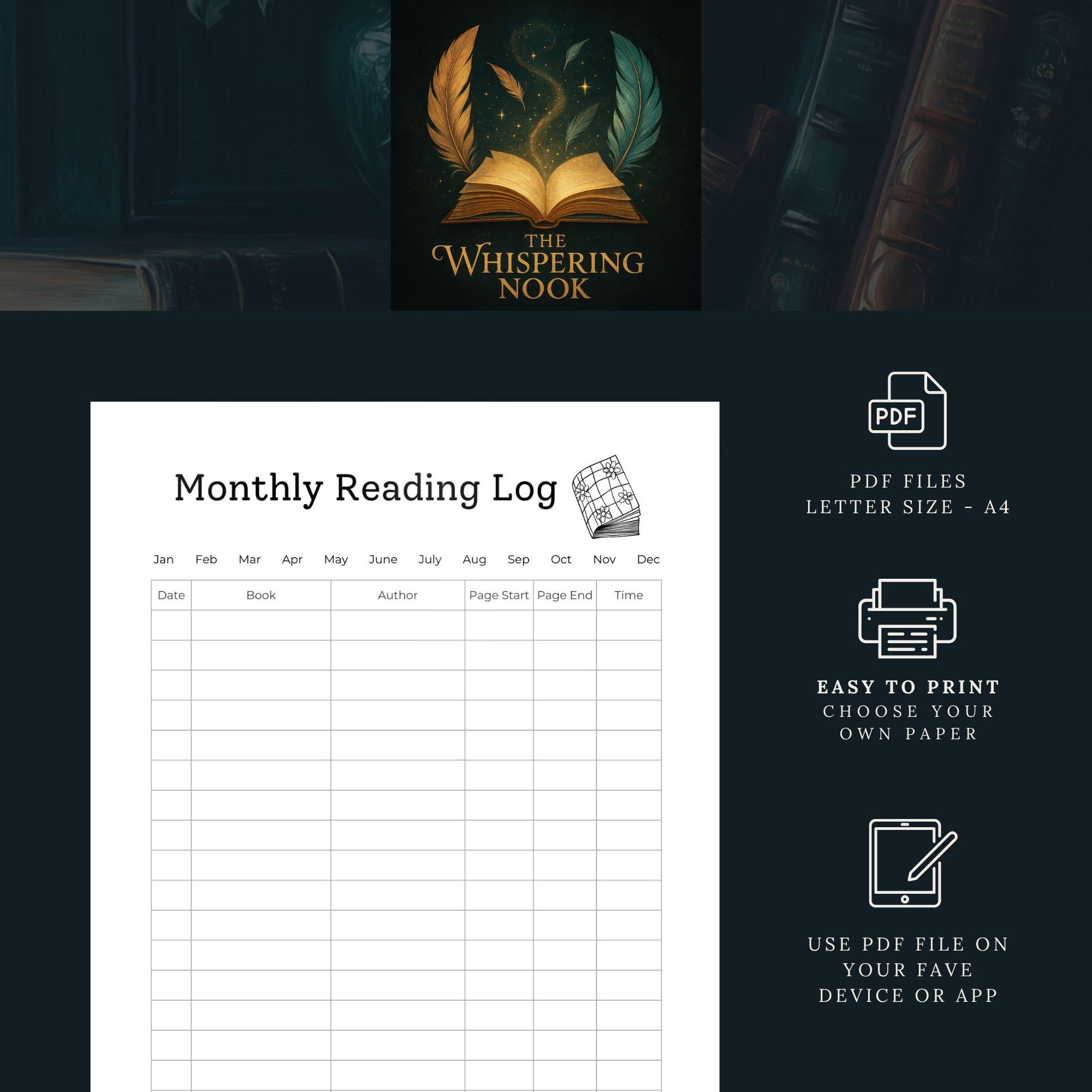 Monthly Reading Log Printable, Book Tracker PDF, Reading Planner Insert ...