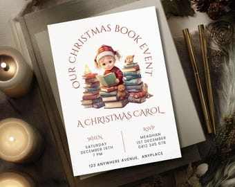 Book Club Invite Template, Christmas Party Digital Invite, Holiday Reading Printable, Editable Book Meeting Invitation, Reading Group Flyer