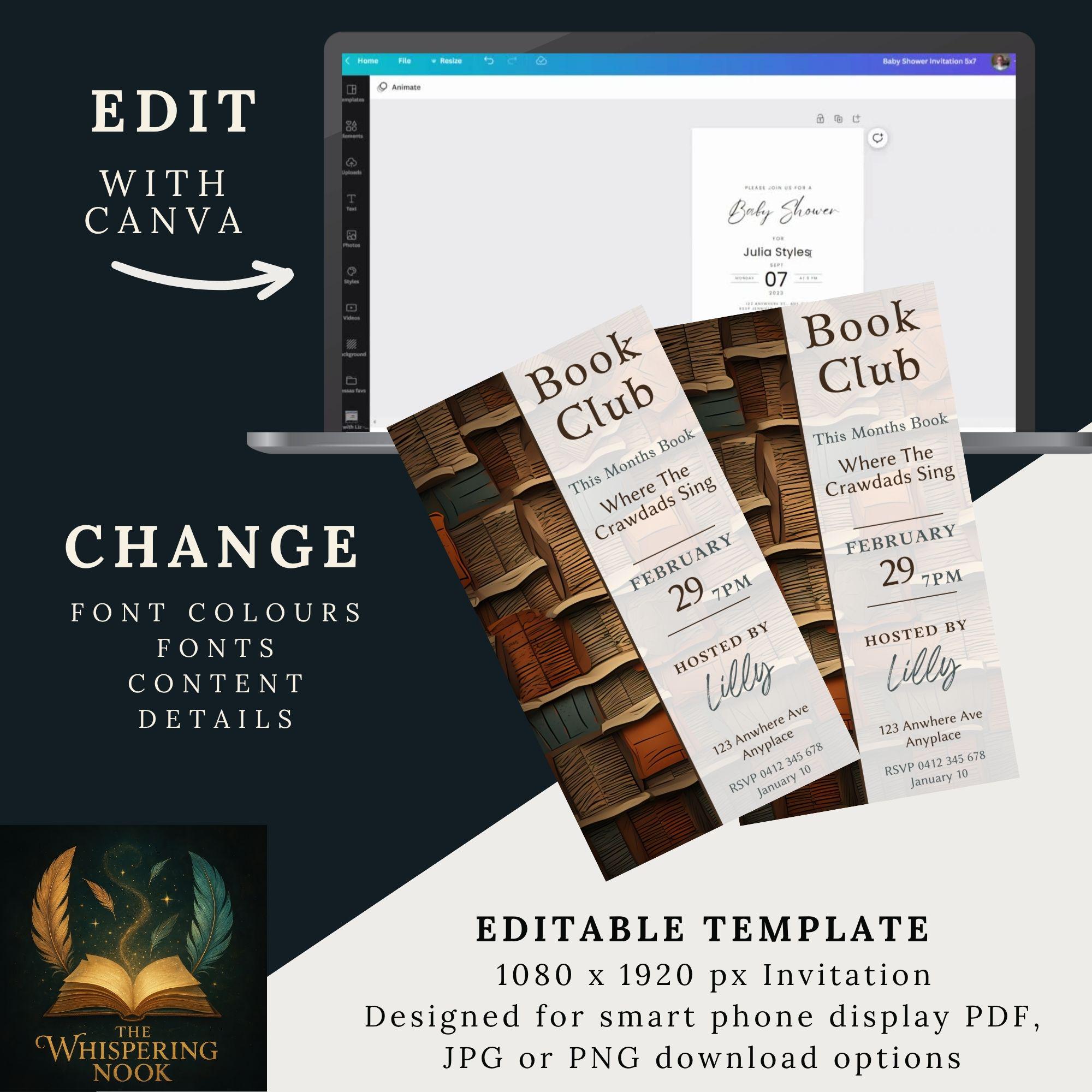 Reading Event Invite Book Club Month Digital Invitation Template, CANVA, Editable Invite for ...