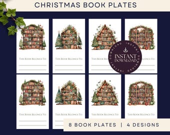 Christmas Bookplates, INSTANT DOWNLOAD PDF, Printable Book Labels, Xmas Gift, Book Plates, From The Library, Holiday Bookplate Printable