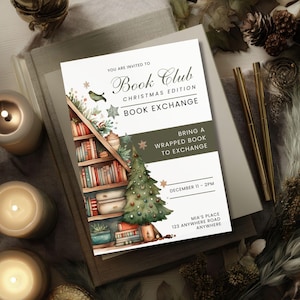 Book Swap Invite, CANVA TEMPLATE, Holiday Book Exchange, Editable Book Club Invitation, Digital Party Evite, Christmas Reading Swap Meeting