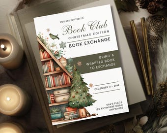 Invitation à un échange de livres, modèle CANVA, échange de livres des Fêtes, invitation à un club de lecture modifiable, invitation à une fête numérique, réunion d'échange de lecture de Noël