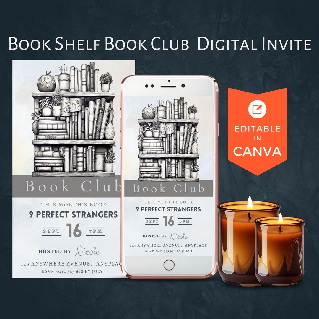 Book Club Digital Invitation Template, CANVA, Editable Invite for Text