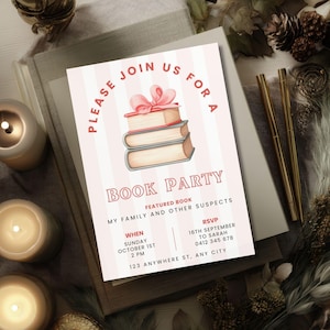 Book Club Invite Template, Pink Bow Book Pile Party Digital Invite, Reading Printable, Editable Book Meeting Invitation, Reading Group Flyer