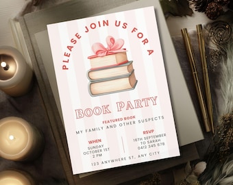 Book Club Invite Template, Pink Bow Book Pile Party Digital Invite, Reading Printable, Editable Book Meeting Invitation, Reading Group Flyer