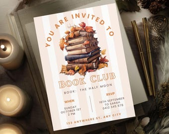 Invitation club de lecture d'automne, modèle CANVA, impression d'automne, lecture modifiable, invitation à une fête numérique, réunion de lecture mensuelle