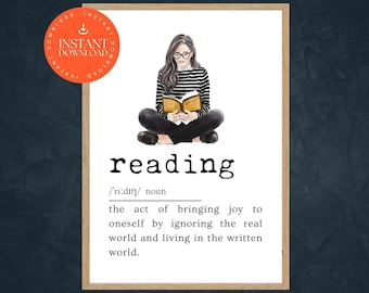 Reading Definition Print, Library Poster Printable, Book Club Art, Definition Art, Reading Room Art, Printable Book Art, INSTANT DOWNLOAD