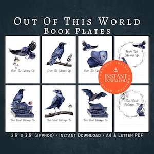 Raven Bookplates, INSTANT DOWNLOAD, Printable Bookplates, Bookplate Stickers, Book Plates, From The Library, Gothic Bookplate Printable