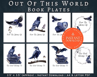 Raven Bookplates, INSTANT DOWNLOAD, Printable Bookplates, Bookplate Stickers, Book Plates, From The Library, Gothic Bookplate Printable