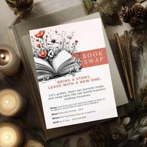 Book Swap Invite Template, CANVA, Girls Night Book Exchange, Editable Book Club Invitation, Digital Party Swap, Floral Book Lover Invite