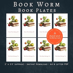 May include: Eight printable bookplates featuring a cartoon green worm with glasses reading a book. The bookplates are 2 inches by 3.5 inches and are available for instant download in A4 and letter size PDF format.