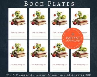 Book Worm Bookplates, INSTANT DOWNLOAD PDF, Printable Bookplates, Bookplate Stickers, Book Plates, From The Library, Book Lover Printable