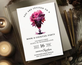 Plantilla de invitación para club de lectura, invitación digital para fiesta de libros y cócteles, imprimible de lectura, invitación editable para reunión de lectura, folleto para grupo de lectura