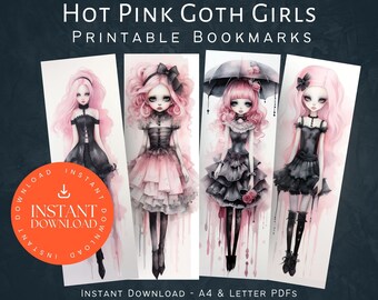 Hot Pink Gothic Girls Bookmark, INSTANT DOWNLOAD, Halloween Dolls Printable, Digital Gothic Clipart, Book Lovers Gift, Pretty Horror Dolls