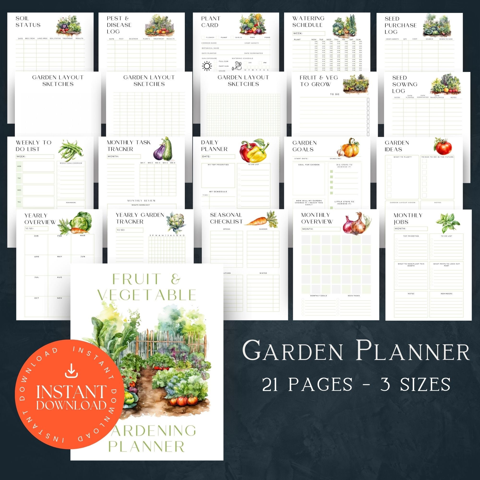 Fruit and Vegetable Gardener Bundle, DOWNLOAD, Garden Journal, Watering ...