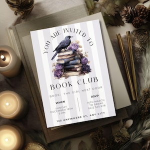 Raven Gothic Book Club Invitation, CANVA TEMPLATE, Book Stack Reading Printable, Editable Book Club Invite, Digital Monthly Library Meeting
