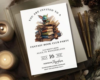 読書クラブ招待状テンプレート、ファンタジー読書会デジタル招待状、読書会印刷用テンプレート、編集可能な読書会招待状、読書会チラシ