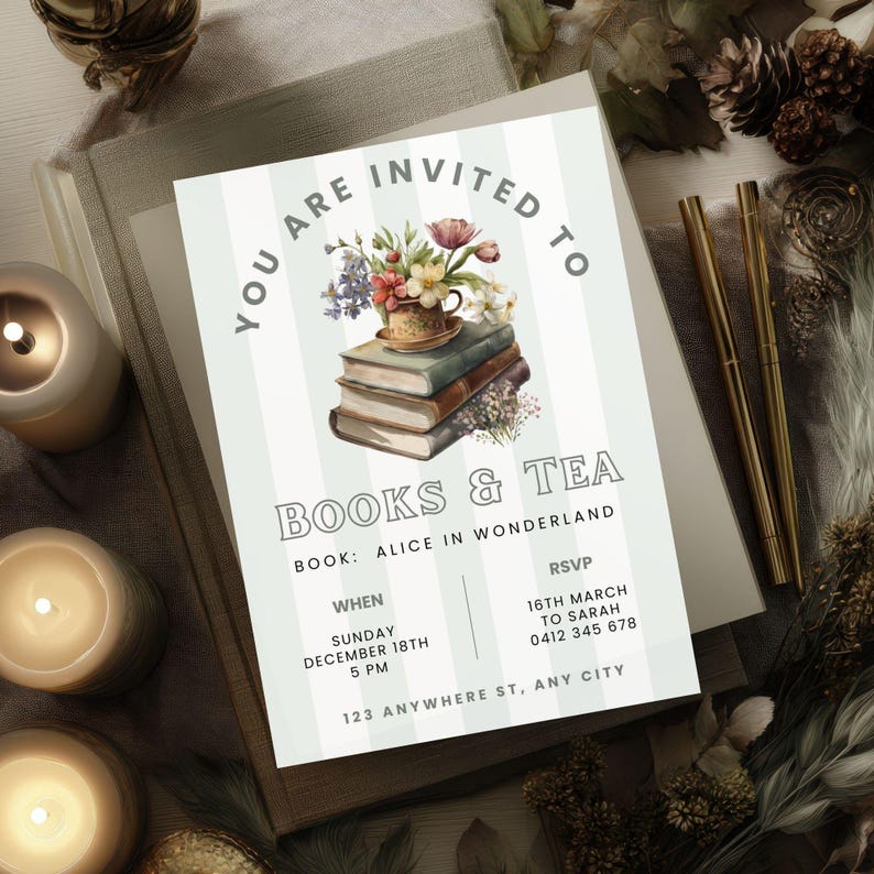 Reading Invitation Card Design Book and Tea Invitation, CANVA TEMPLATE, Book Club Printable, Editable ...