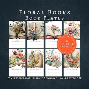 Floral Bookplates, INSTANT DOWNLOAD PDF, Printable Bookplates, Bookplate Stickers, Book Plates, From The Library, Gothic Bookplate Printable