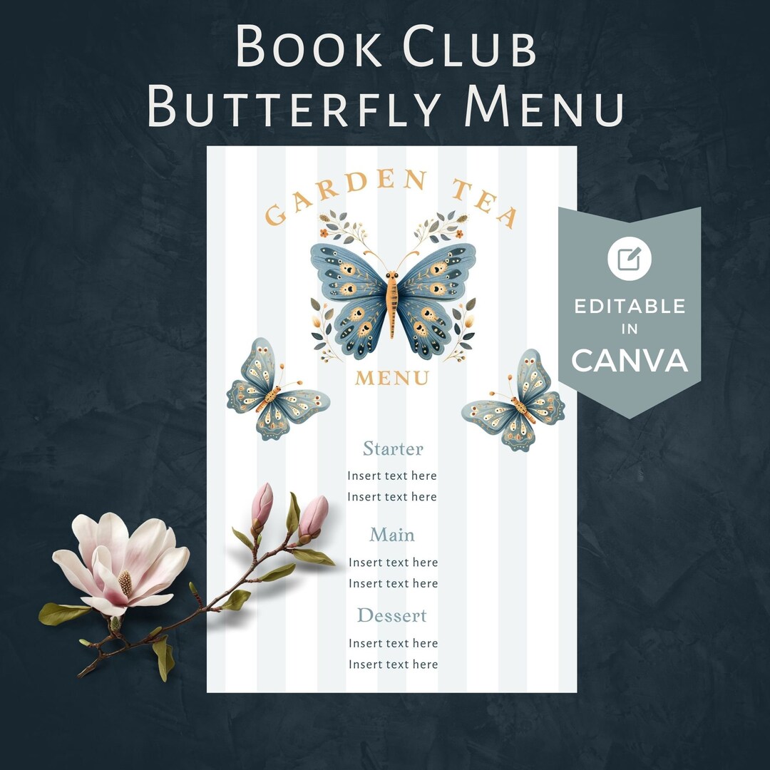Garden Party Blue Butterfly Menu, Editable Template Canva, Book Club