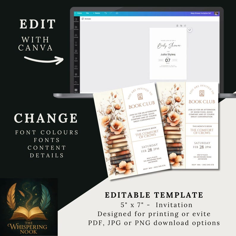 Floral Book Club Invitation, CANVA TEMPLATE, Book Stack Reading ...