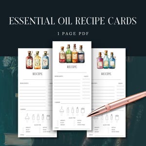 Könnte beinhalten: Rezeptkarten für ätherische Öle mit Aquarellillustrationen von Vintage-Flaschen. Die Karten enthalten Abschnitte für Zutaten, Tropfen und Trägeröle. Der Text "ESSENTIAL OIL RECIPE CARDS" und "1 PAGE PDF" wird oben angezeigt.
