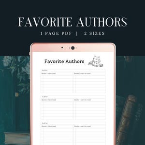 Lieblings-Autor-Tracker zum Ausdrucken, sofortiger Download, Buchclub-Kit, Lesertagebuch, Buch-Wunschliste, digitales Buch-Tagebuch, Bibliotheks-Arbeitsblatt