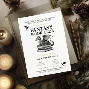 May include: A white invitation for a Fantasy Book Club, featuring a dragon illustration atop books. Text includes "Step into a world of dragons...", "Fantasy Book Club", and details for the December 16th meeting.