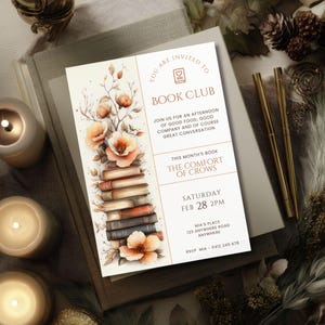 Floral Book Club Invitation, CANVA TEMPLATE, Book Stack Reading Printable, Editable Book Club Invite, Digital Party, Monthly Library Meeting