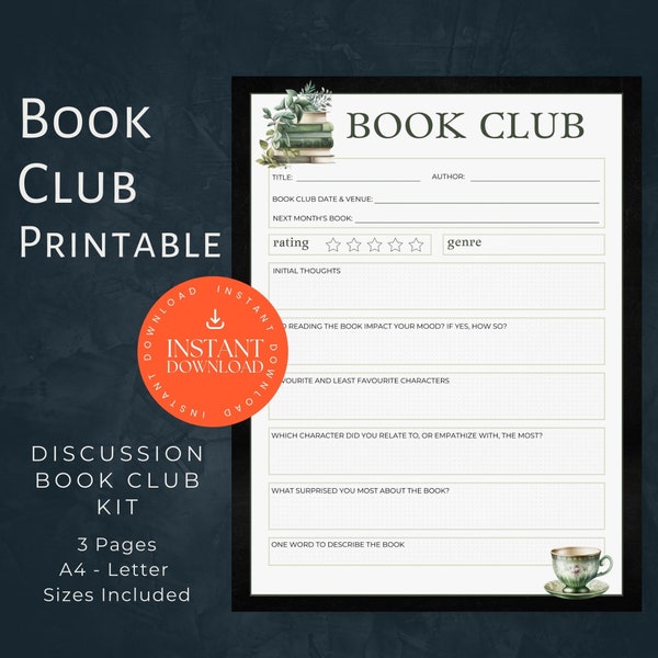 Vintage Green Book Club, Book Discussions, DOWNLOAD, Printable Questions, Book Club Gifts, Book Club Meeting Bundle, Club Meeting Kit PDF