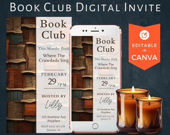 Book Club Month Digital Invitation Template, CANVA, Editable Invite For Text and Email, Electronic Monthly Book Meeting Invitation, Reading