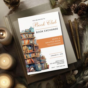 Book Swap Invite Template, CANVA, Holiday Book Exchange, Editable Book Club Invitation, Digital Party Evite, Bookshelf Reading Group Flyer