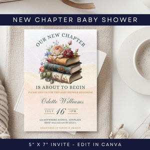 New Chapter Begins Baby Shower Invite, Editible CANVA TEMPLATE, Book Themed Invitation, Library Theme Baby Party, Storybook Shower Invite