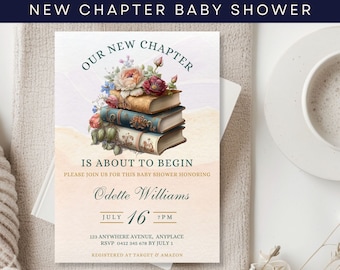 New Chapter Begins Baby Shower Invite, Editible CANVA TEMPLATE, Book Themed Invitation, Library Theme Baby Party, Storybook Shower Invite
