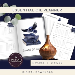 May include: A printable planner for essential oils featuring a black raven illustration and the words "Potions Brews Enchantments". The planner includes pages for essential oil shopping lists, diffuser recipes, and a journal.