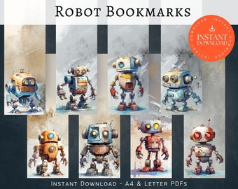 Robot Book Bookmarks, INSTANT DOWNLOAD, Childrens Bookmarks, Book Lovers Gift, Kids Reading Gift, Bookmark Printables, Fantasy Book PDF