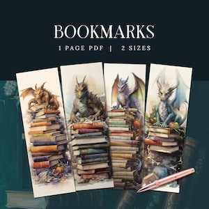 Dragon Book Pile Bookmarks, INSTANT DOWNLOAD, Book Lovers Gift, Reading Printable, Book Club Gift, Meeting Bookmarks, Gothic Fantasy Markers