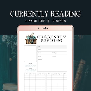 May include: A digital planner displayed on a tablet, featuring a "Currently Reading" layout. The design includes sections for title, author, genre, page count, start and finish dates, and a summary. The planner also has a rating and spice level section.