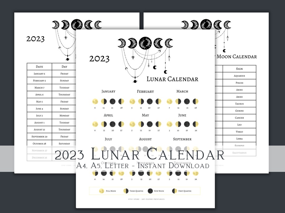2023 Lunar Calendar, Moon Printable, Printable Moon Calendar, Lunar Calendar, Full Moon Calendar ...