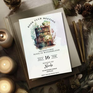 Book Club Meeting Invitation, CANVA TEMPLATE, Bookshelf Printable, Editable Book Club Invite, Digital Invitation, Reading Party, Monthly PDF