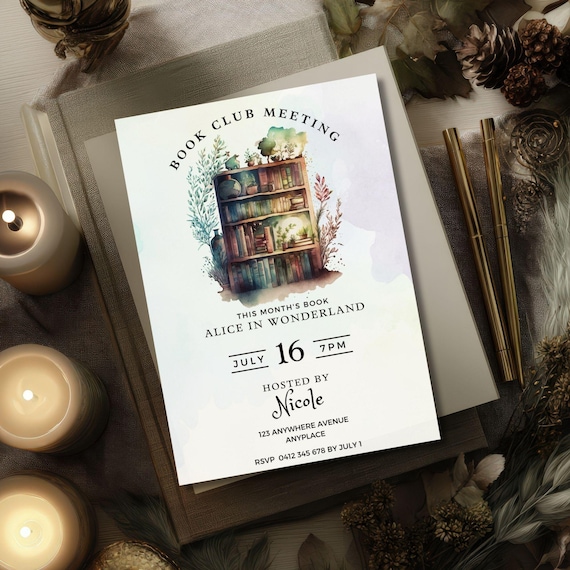 Book Club Meeting Invitation, CANVA TEMPLATE, Bookshelf Printable, Editable Book Club Invite, Digital Invitation, Reading Party, Monthly PDF